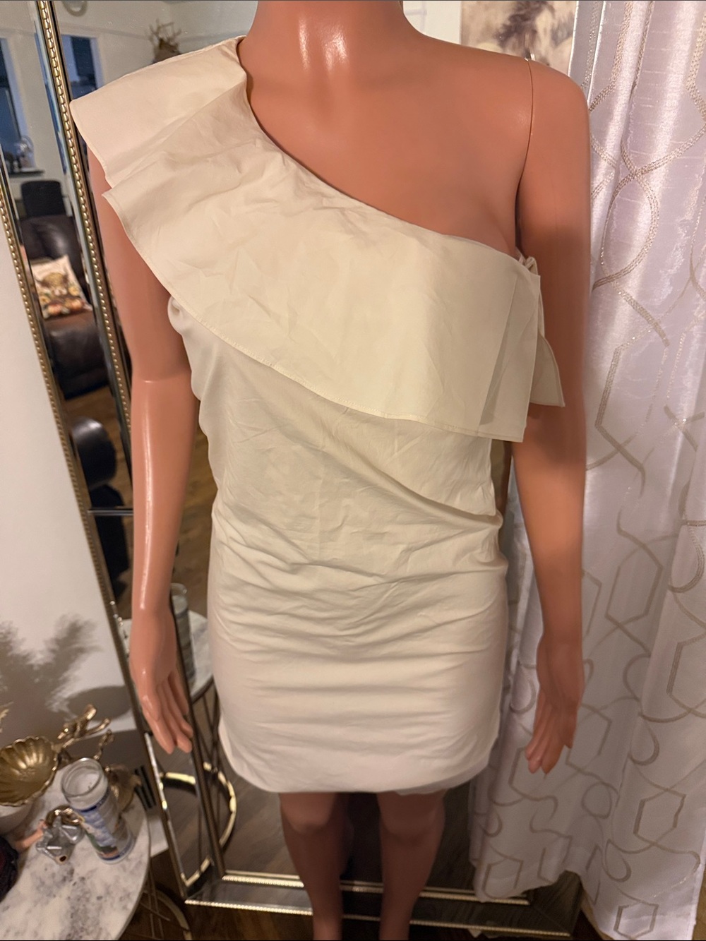 Theory One-Shoulder Ruffle Dress in Cream